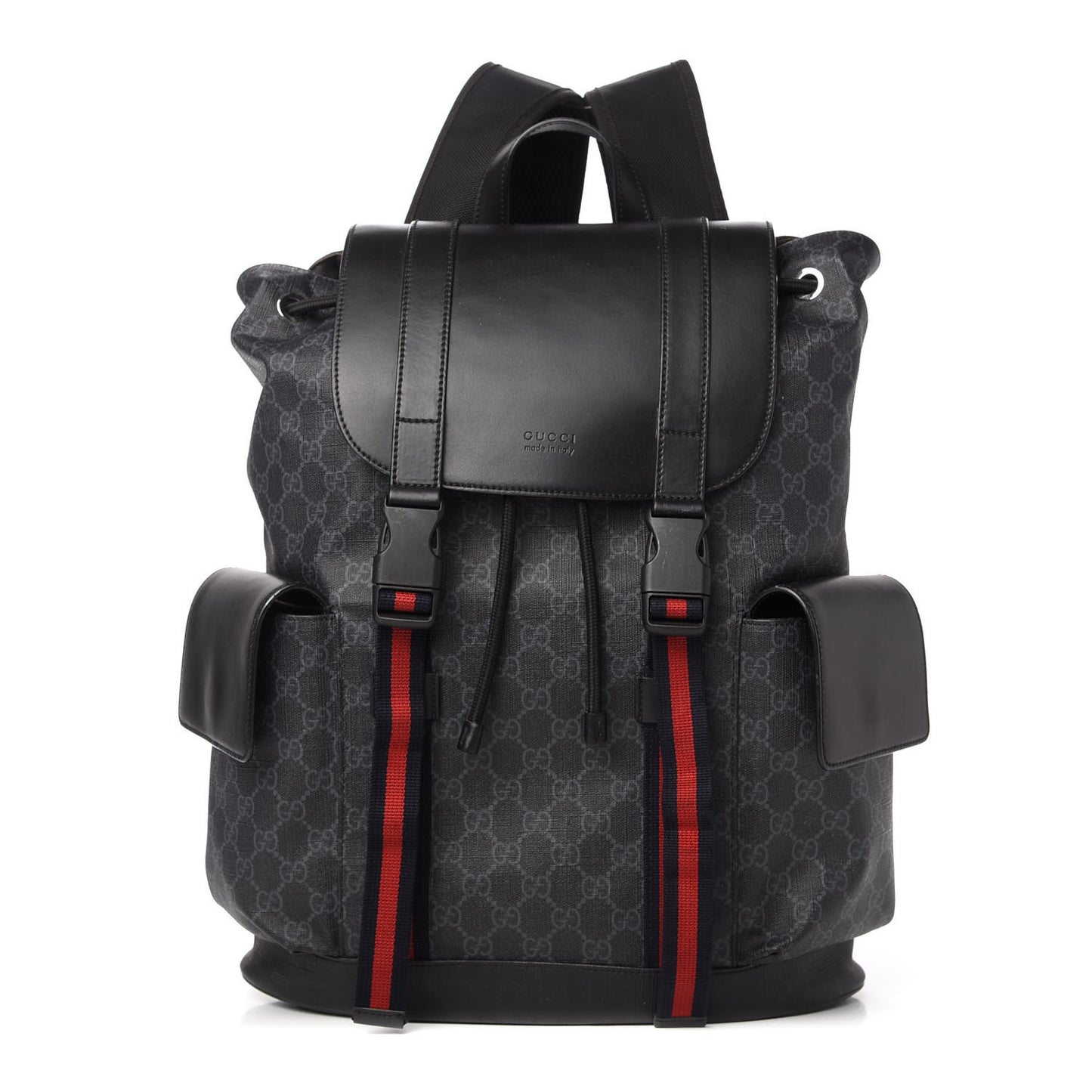 Soft GG Supreme Monogram Appia Calfskin Web Double Buckle Backpack Black