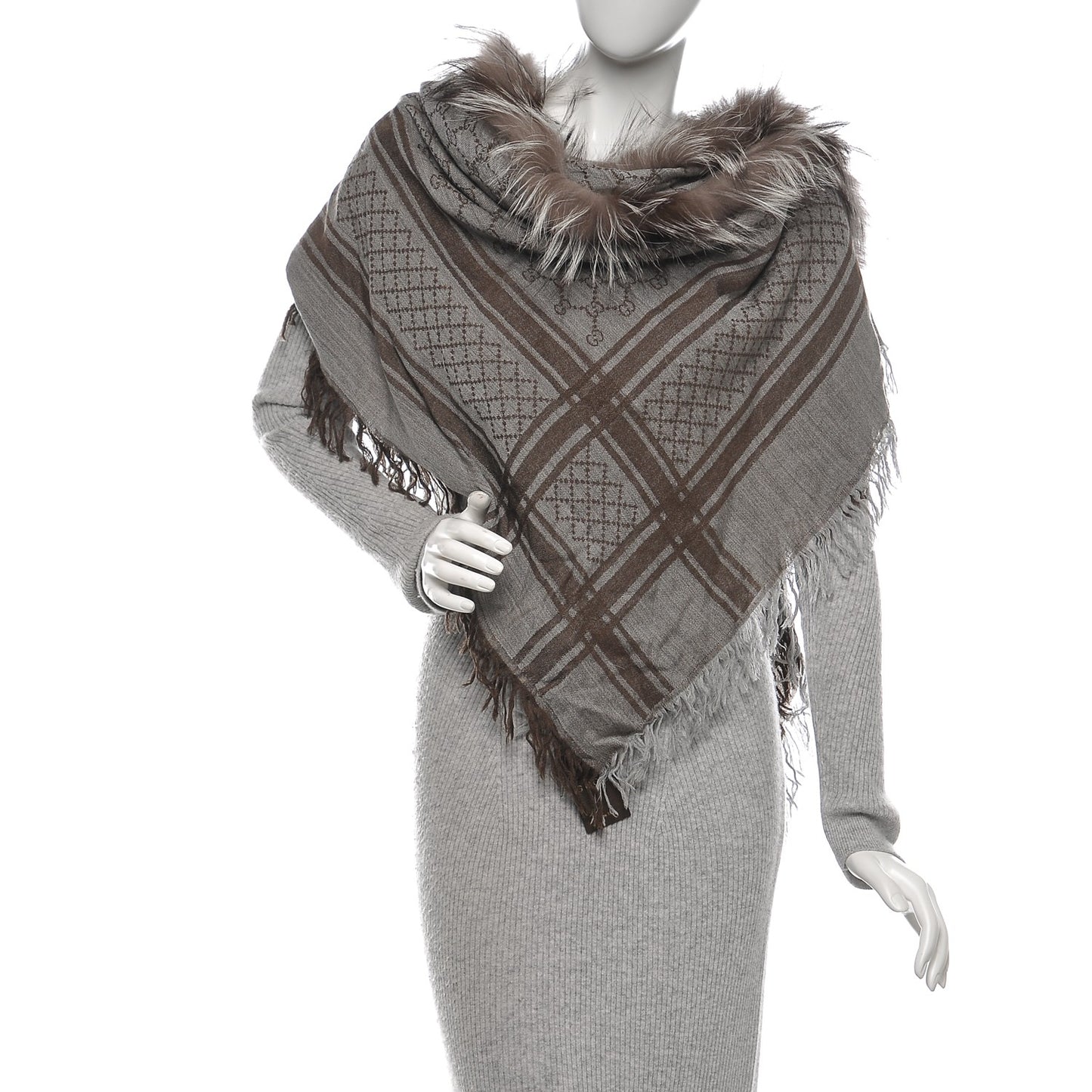 Wool Silk Fox Fur Monogram Shawl Scarf Brown