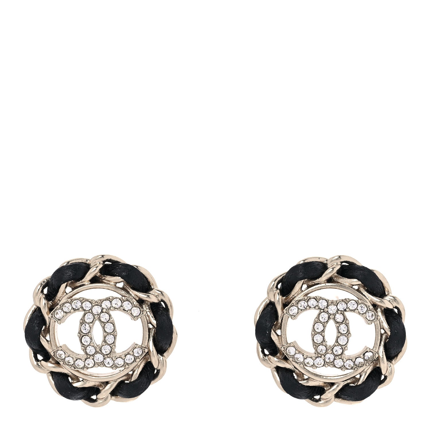 Chanel Crystal Lambskin Chain CC Stud Earrings Black Gold 1 of 5