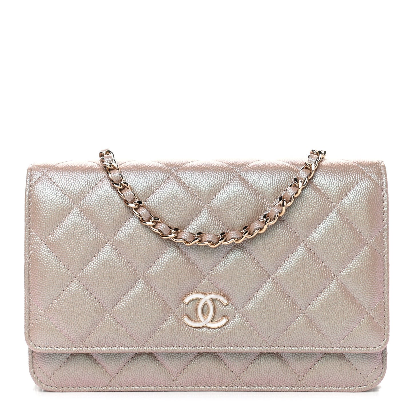 Iridescent Caviar Quilted Wallet On Chain WOC Beige