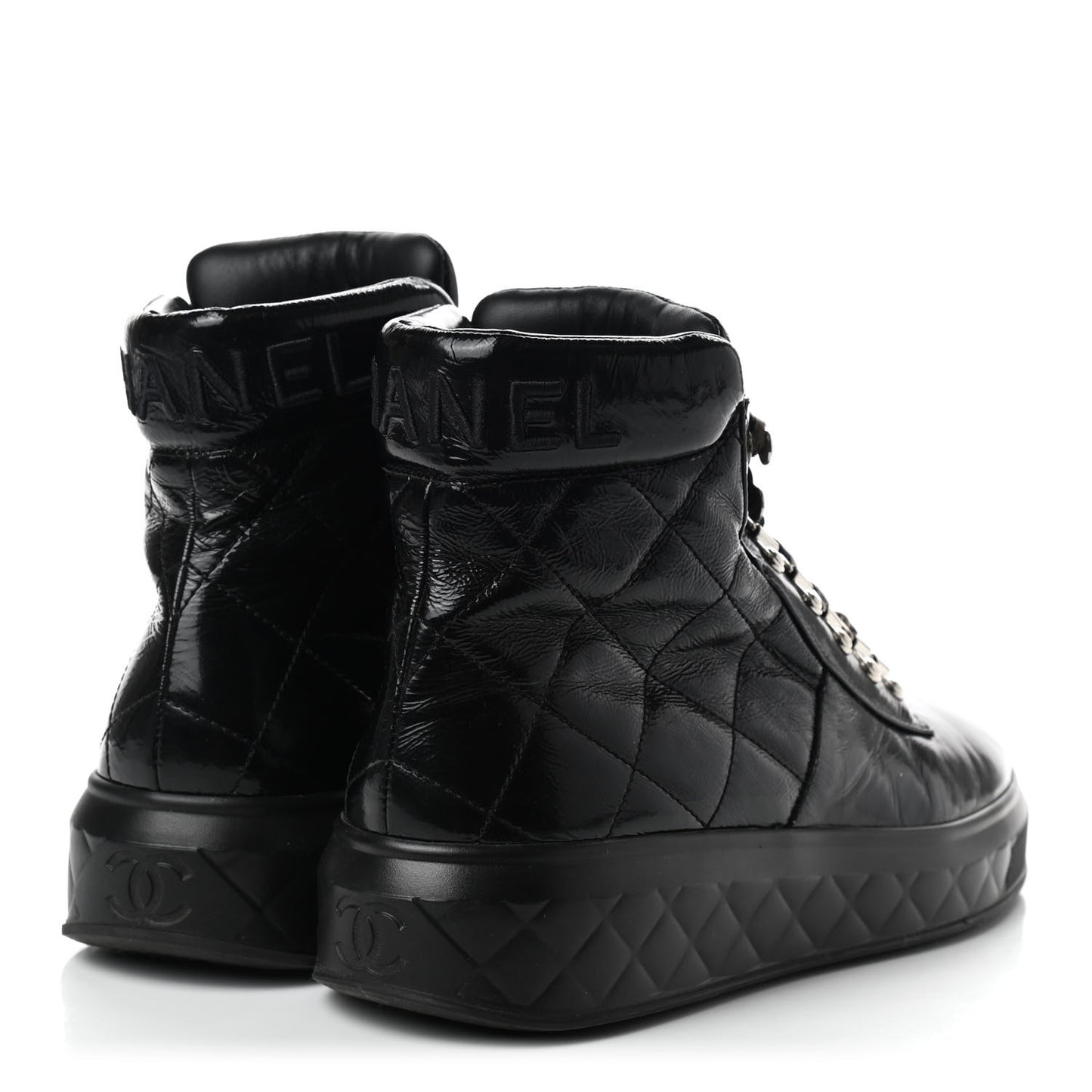 Patent Calfskin Quilted Womens High Top Sneakers 40.5 Black