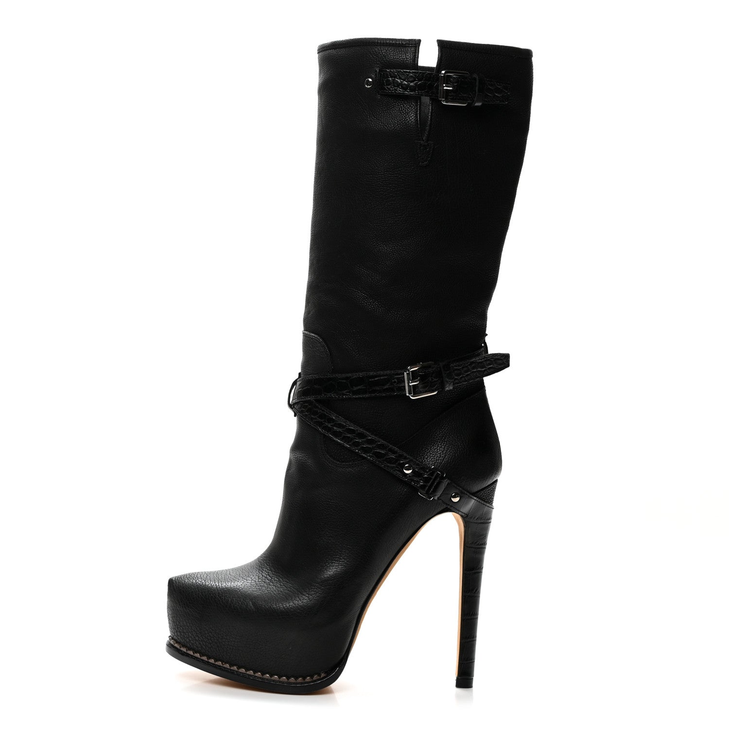 Christian Dior Grained Calfskin Crocodile Embossed Platform Boots 38 Black 1 of 8