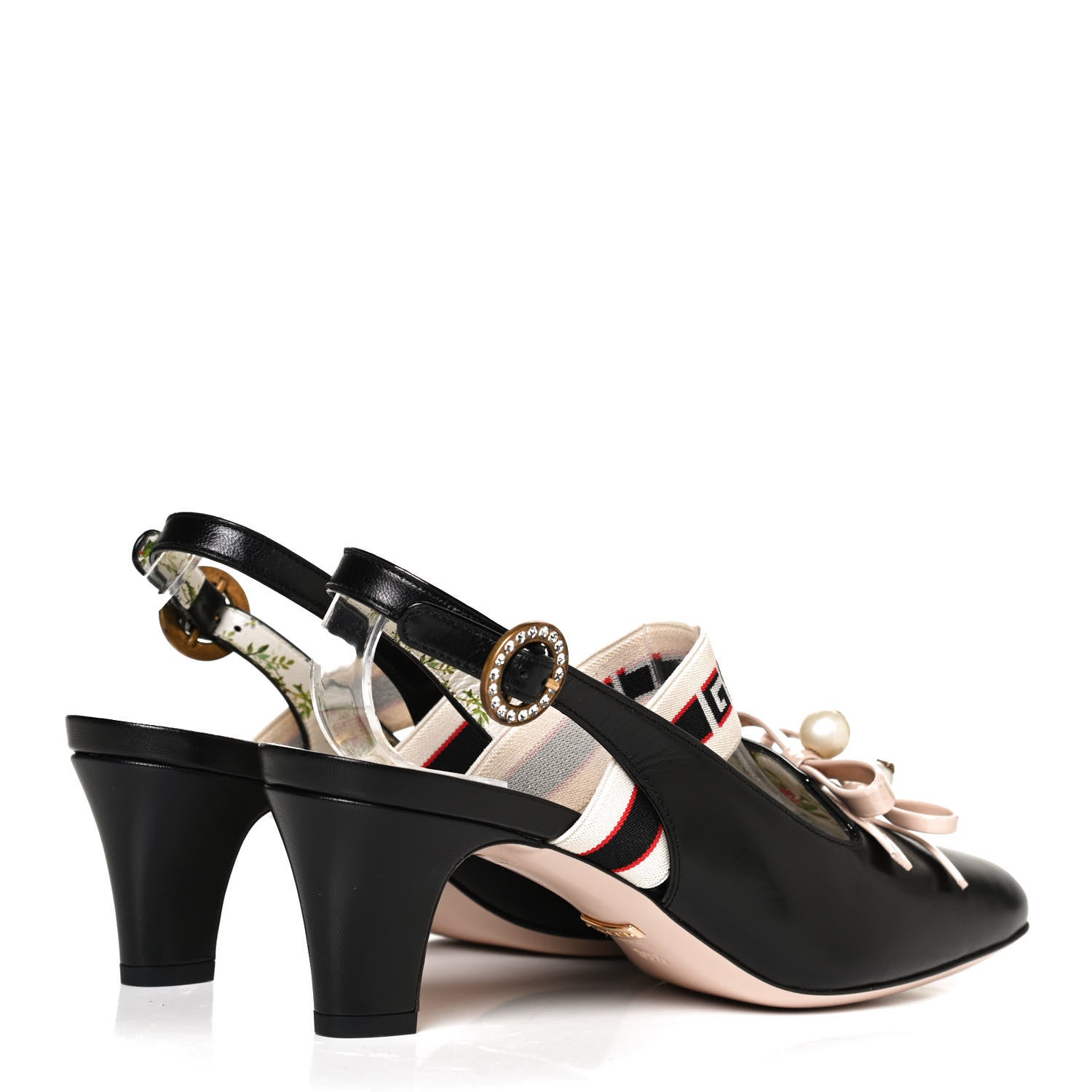 Gucci Malaga Kid Bow Ace Stripe Mid Heel Slingback Pumps 39.5 Black 4 of 9