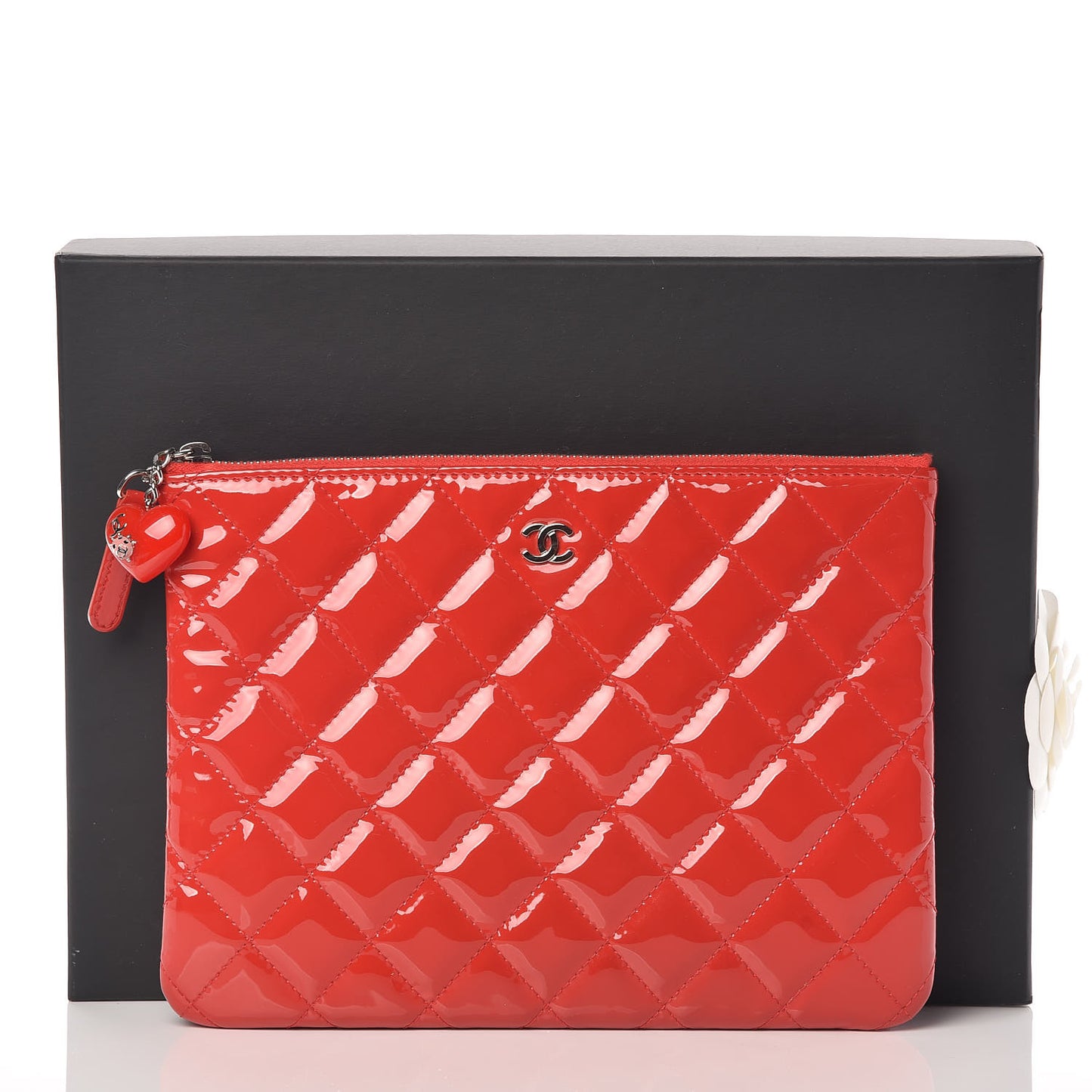 Patent Calfskin Quilted Valentine Hearts O Cosmetic Case Dark Pink