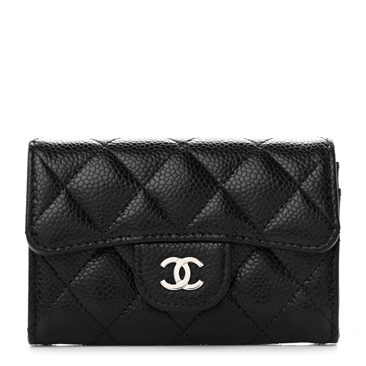 Caviar Quilted Flap Card Holder Wallet Black