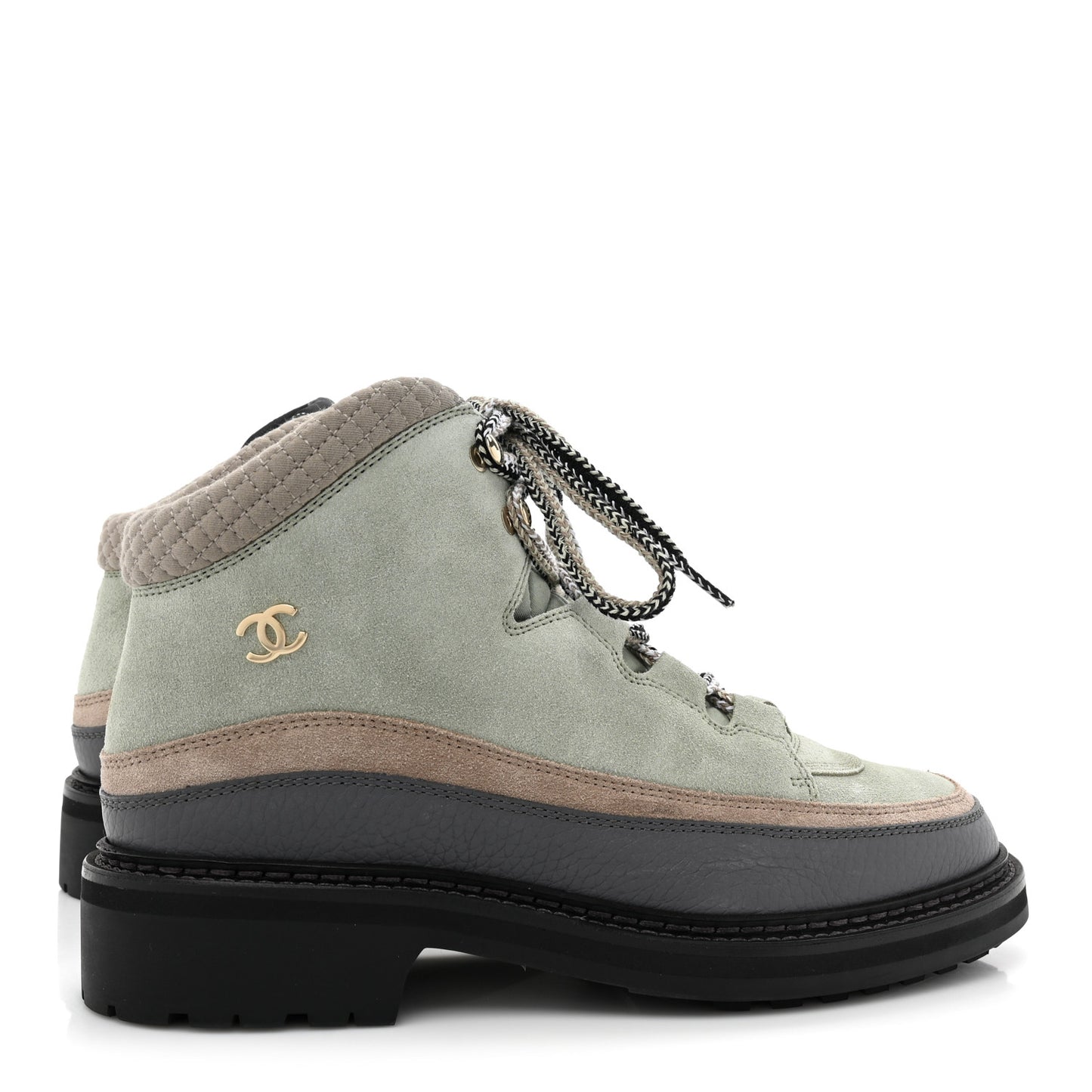 Suede Grained Calfskin CC Lace Up Boots 41 Light Green Dark Beige Gray