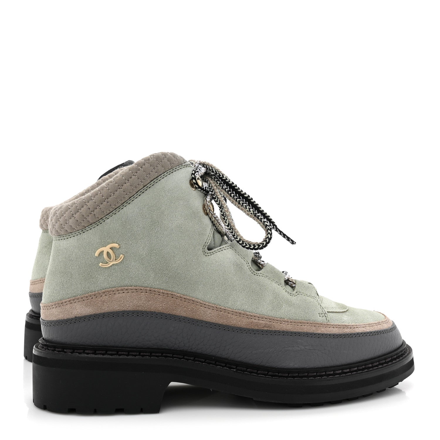 Chanel Suede Grained Calfskin CC Lace Up Boots 41 Light Green Dark Beige Gray 4 of 8