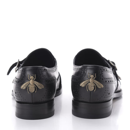 Gucci Calfskin Bee Embroidered Mens Queercore Brogue Wingtip Monk Strap Loafers 9 Black 5 of 13