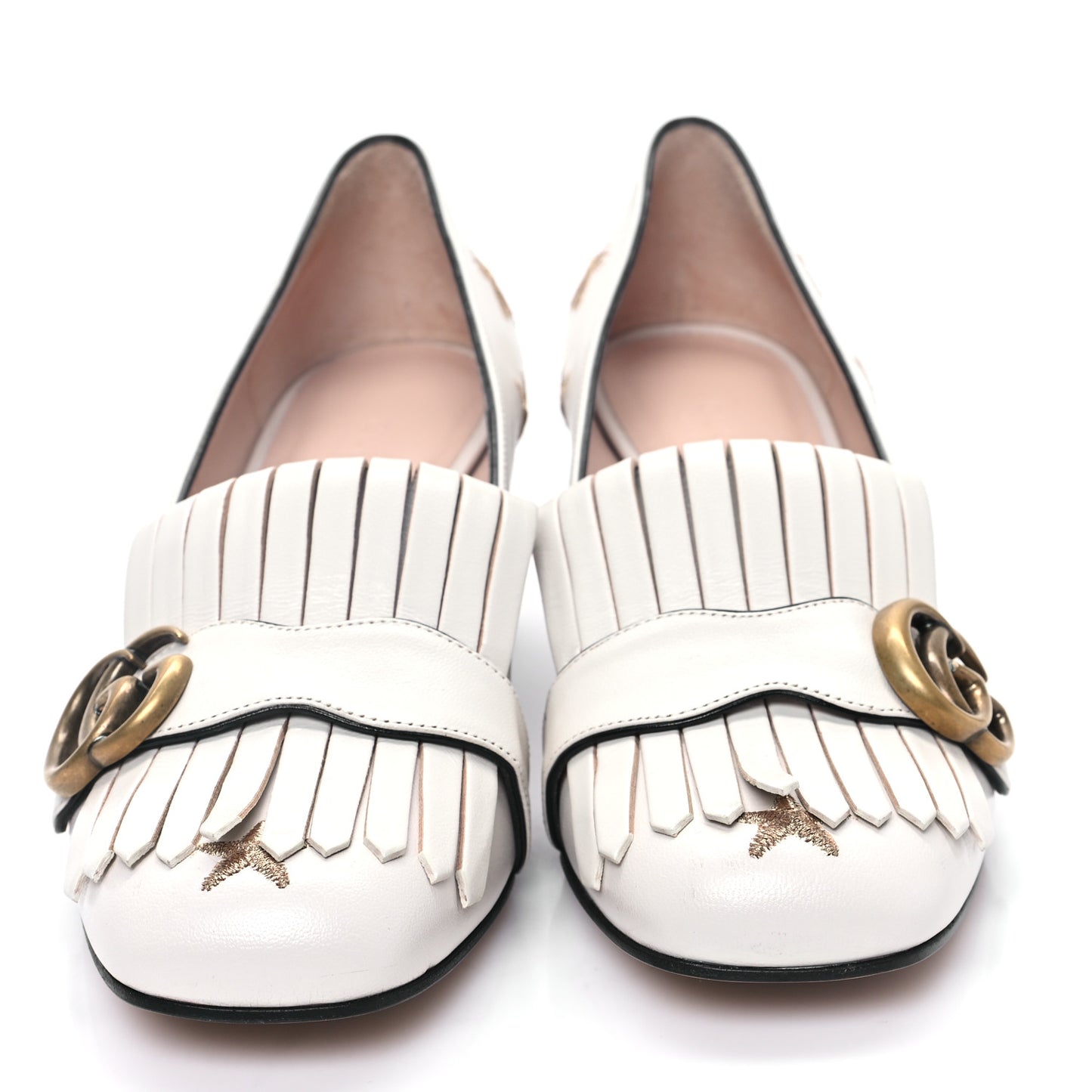 Quentin Goatskin Bee Star Embroidered GG Marmont Fringe 50mm Loafer Pumps 38 Mystic White
