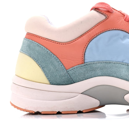 Chanel Nylon Lambskin Suede Calfskin CC Sneakers 38.5 Coral Light Blue White 13 of 18