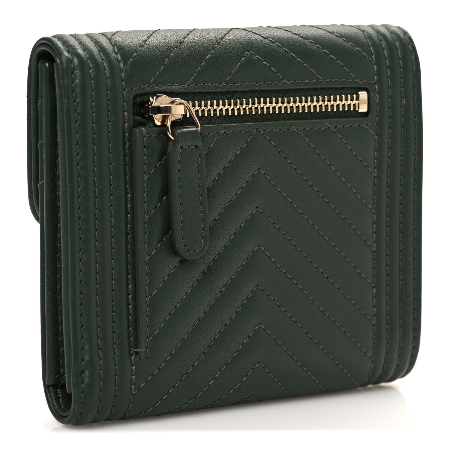 Chanel Lambskin Chevron Quilted Boy Compact Wallet Green 3 of 8