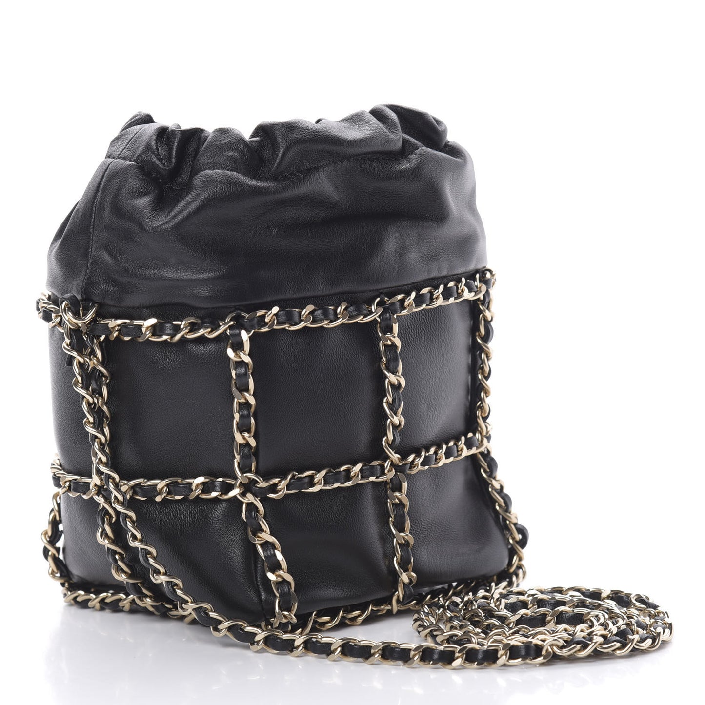 Lambskin Bucket Chain Drawstring Bag Black