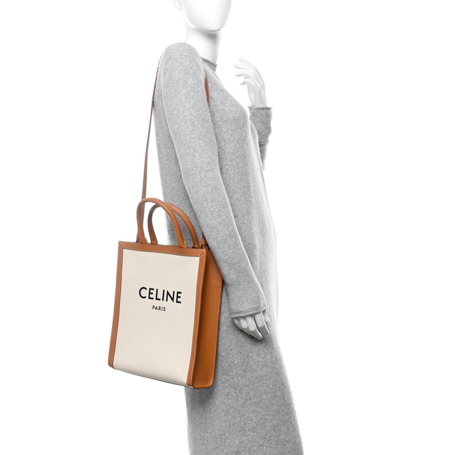 Celine Canvas Calfskin Logo Print Small Vertical Cabas Natural Tan 2 of 11
