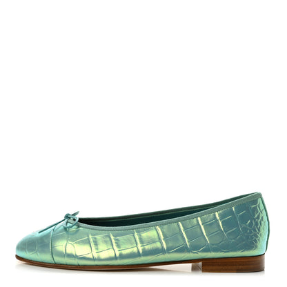 Chanel Iridescent Calfskin Crocodile Embossed Ballerina Flats 39.5 Green 1 of 10
