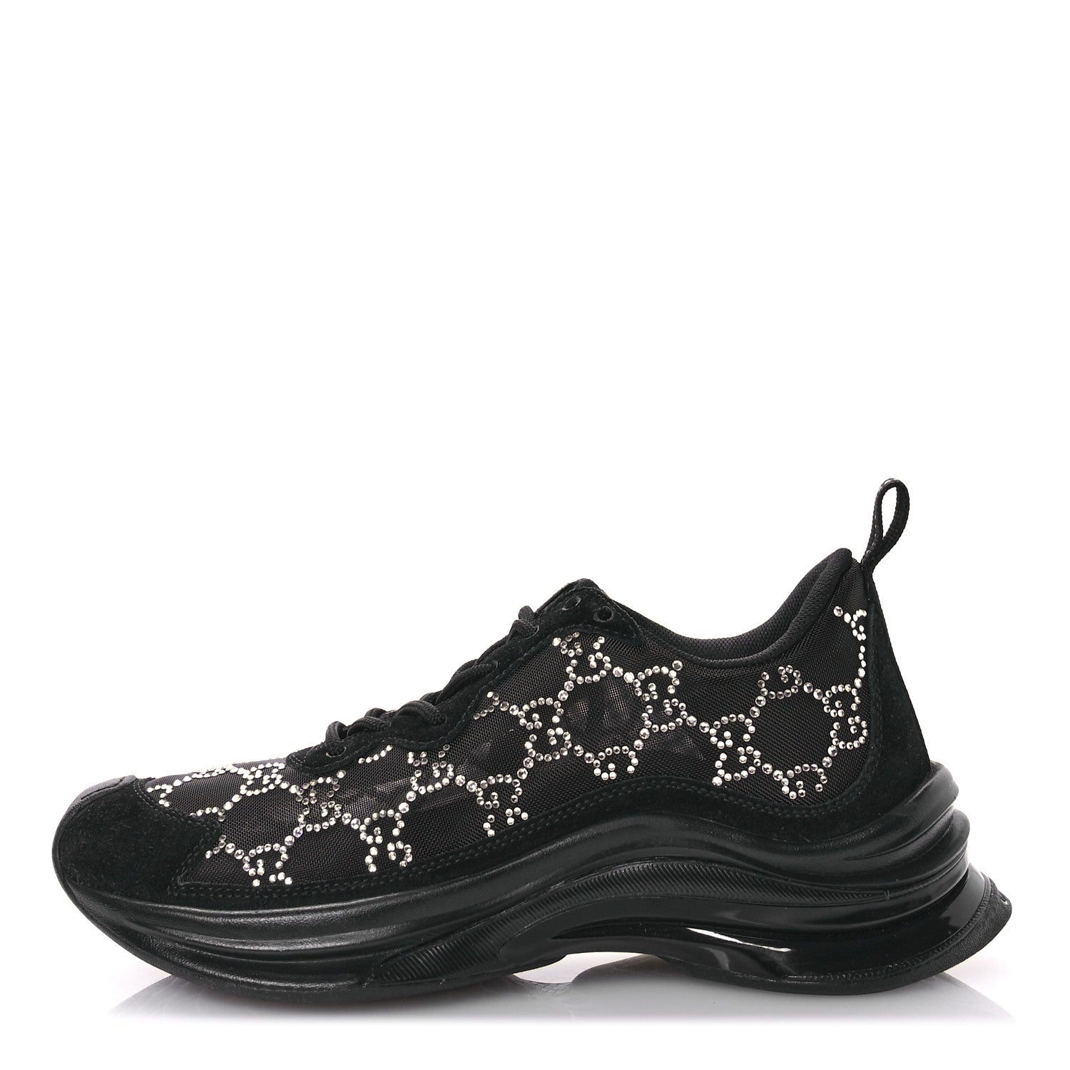 Gucci Tela Retino Mesh Crystal Suede GG Monogram Womens Gucci Run Sneakers 37 Black Silver 1 of 9