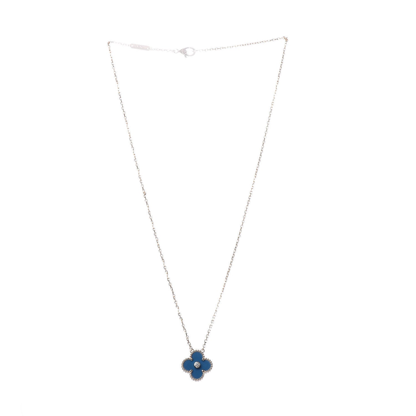 18K Yellow Gold Diamond Celestial Blue Sevres Porcelain Vintage Alhambra Pendant Necklace