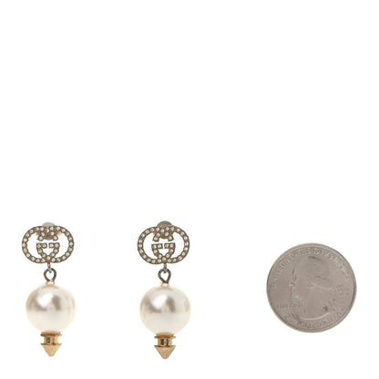 Gucci Metal Crystal Pearl Interlocking G Earrings Shiny Gold 4 of 8