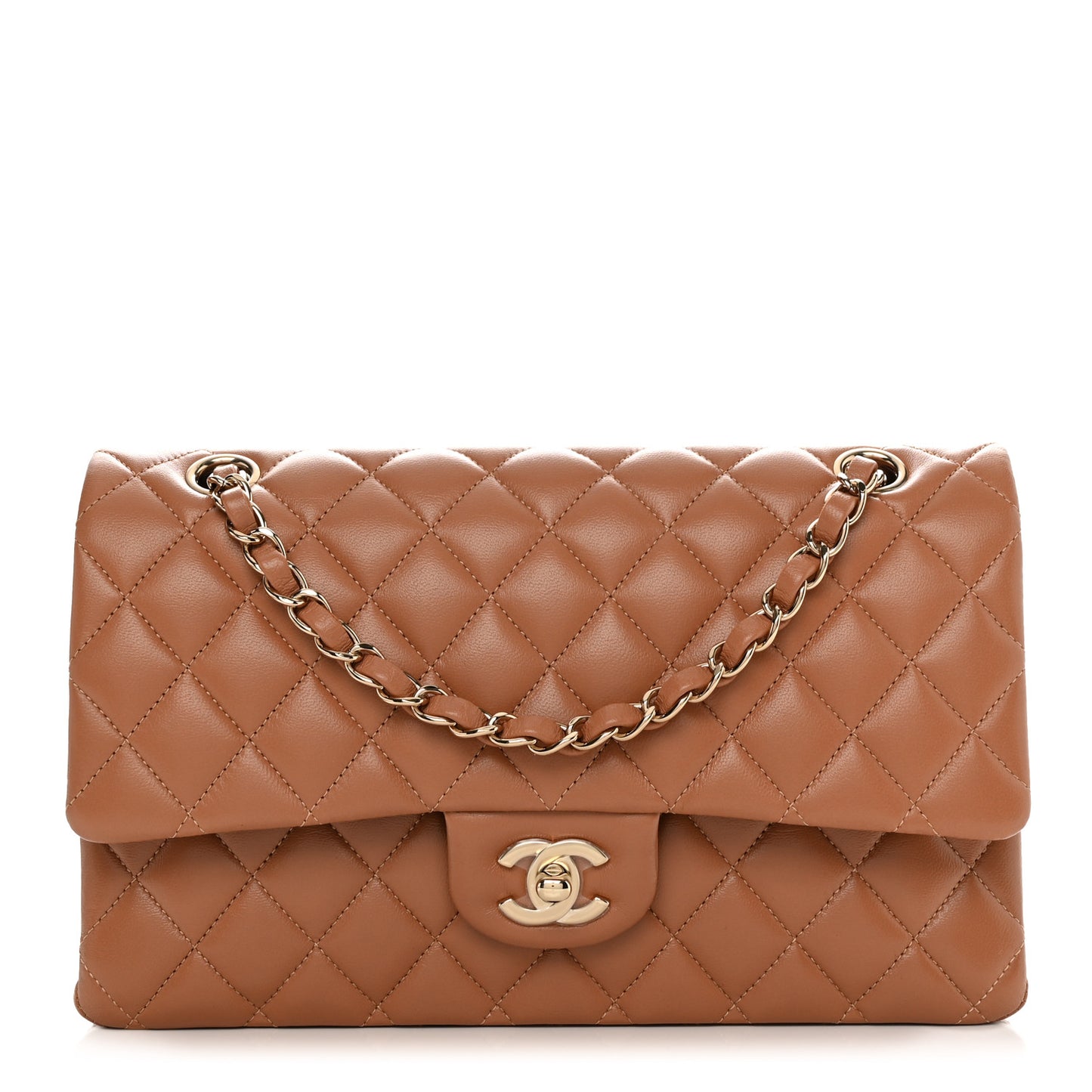 Lambskin Quilted Medium Double Flap Brown