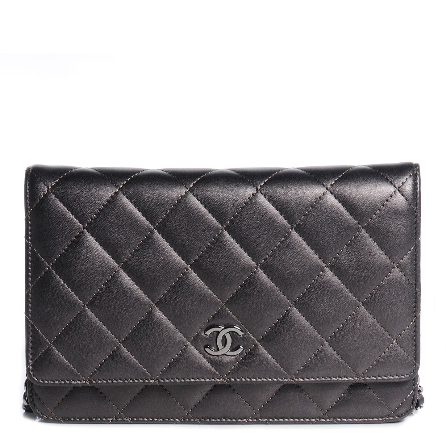 Lambskin Quilted Wallet On Chain WOC Metallic Dark Grey