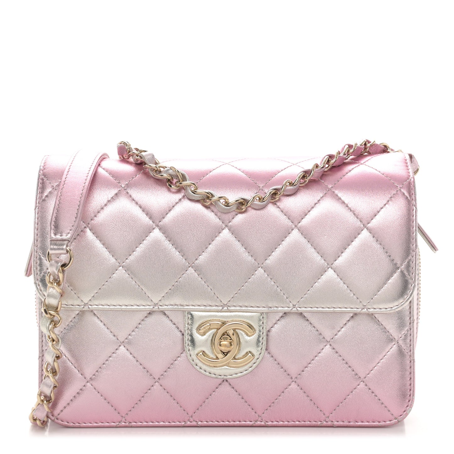Metallic Lambskin Quilted Large Like A Wallet Flap Golden Pink