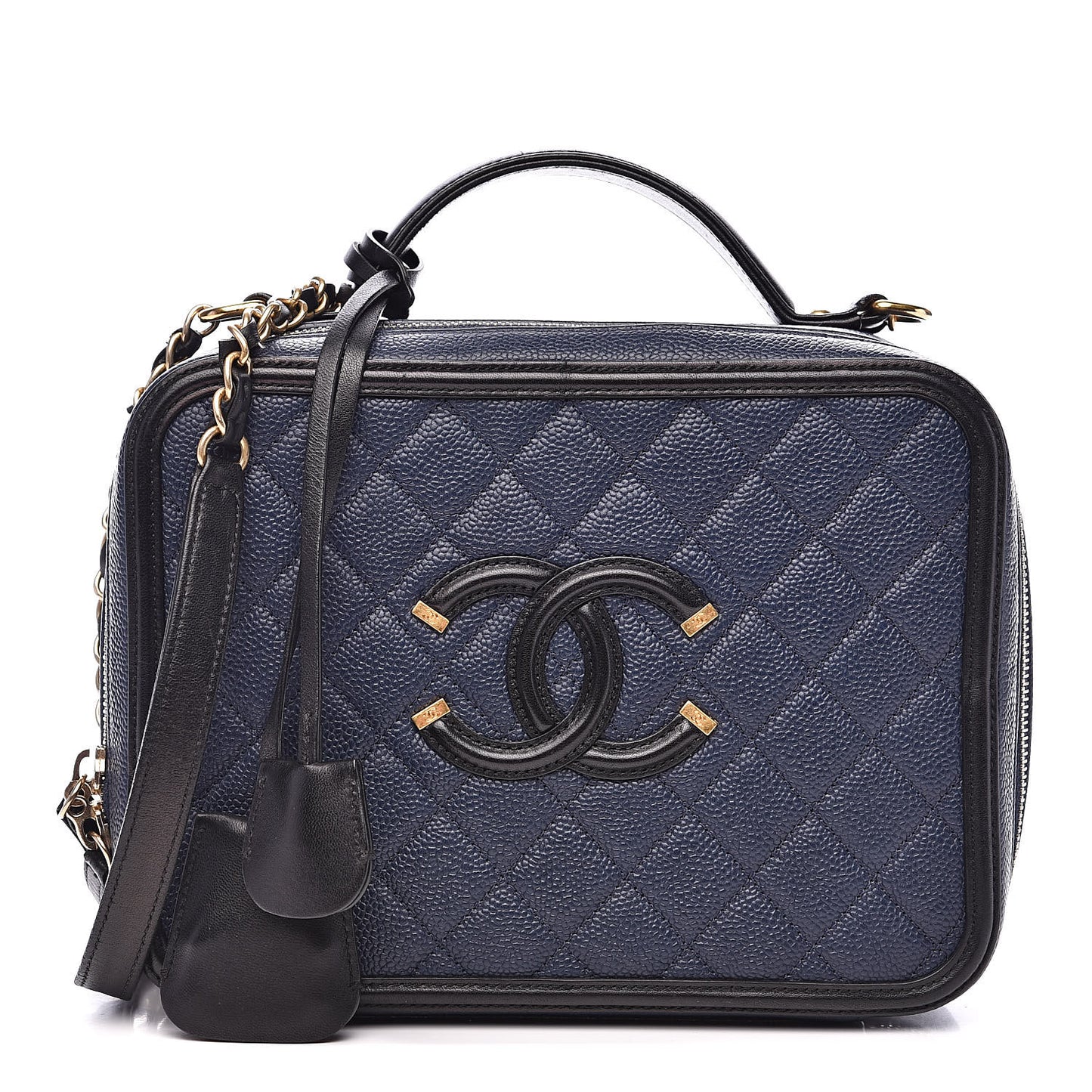 Caviar Quilted Large CC Filigree Vanity Case Navy Black