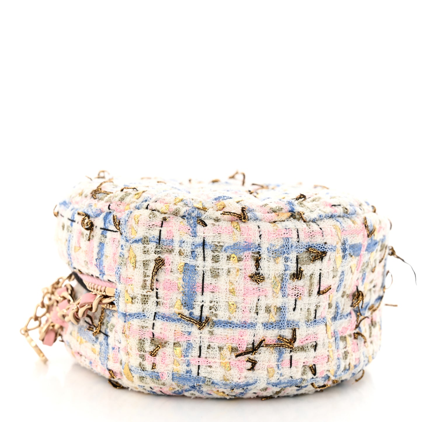Tweed Quilted Round Clutch With Chain White Pink Multicolor