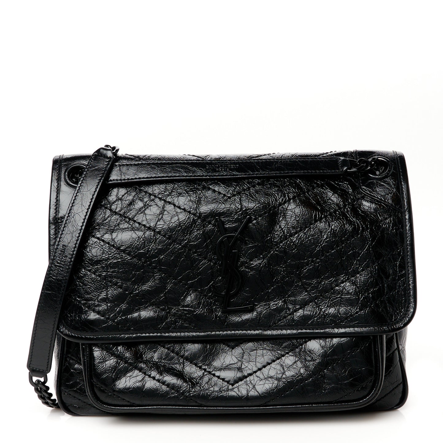 Crinkled Calfskin Matelasse Monogram Medium Niki Chain Satchel Black