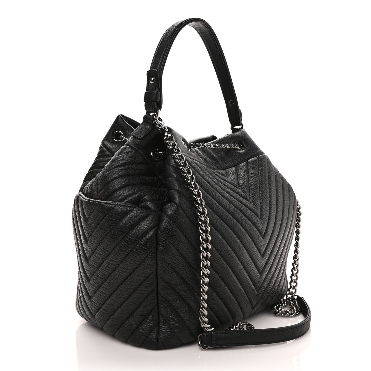 Deerskin Chevron Large CC Chain Bucket Drawstring Bag Black