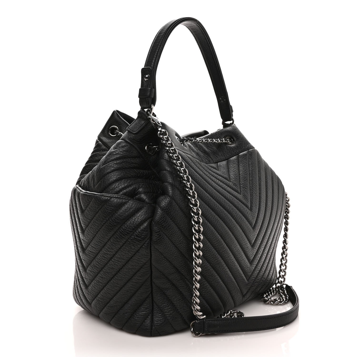 Chanel Deerskin Chevron Large CC Chain Bucket Drawstring Bag Black 3 of 8