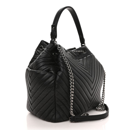 Chanel Deerskin Chevron Large CC Chain Bucket Drawstring Bag Black 3 of 8