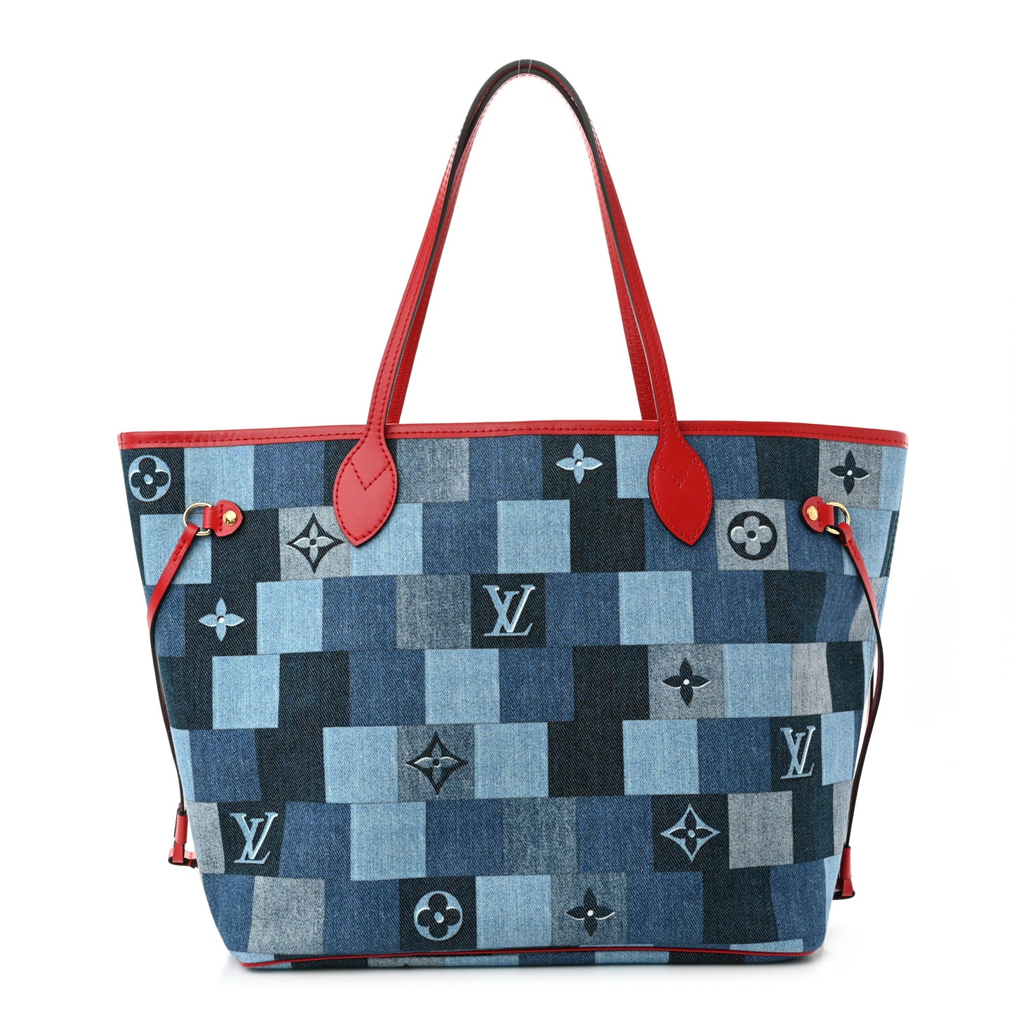 Denim Damier Monogram Patchwork Neverfull Blue Rouge