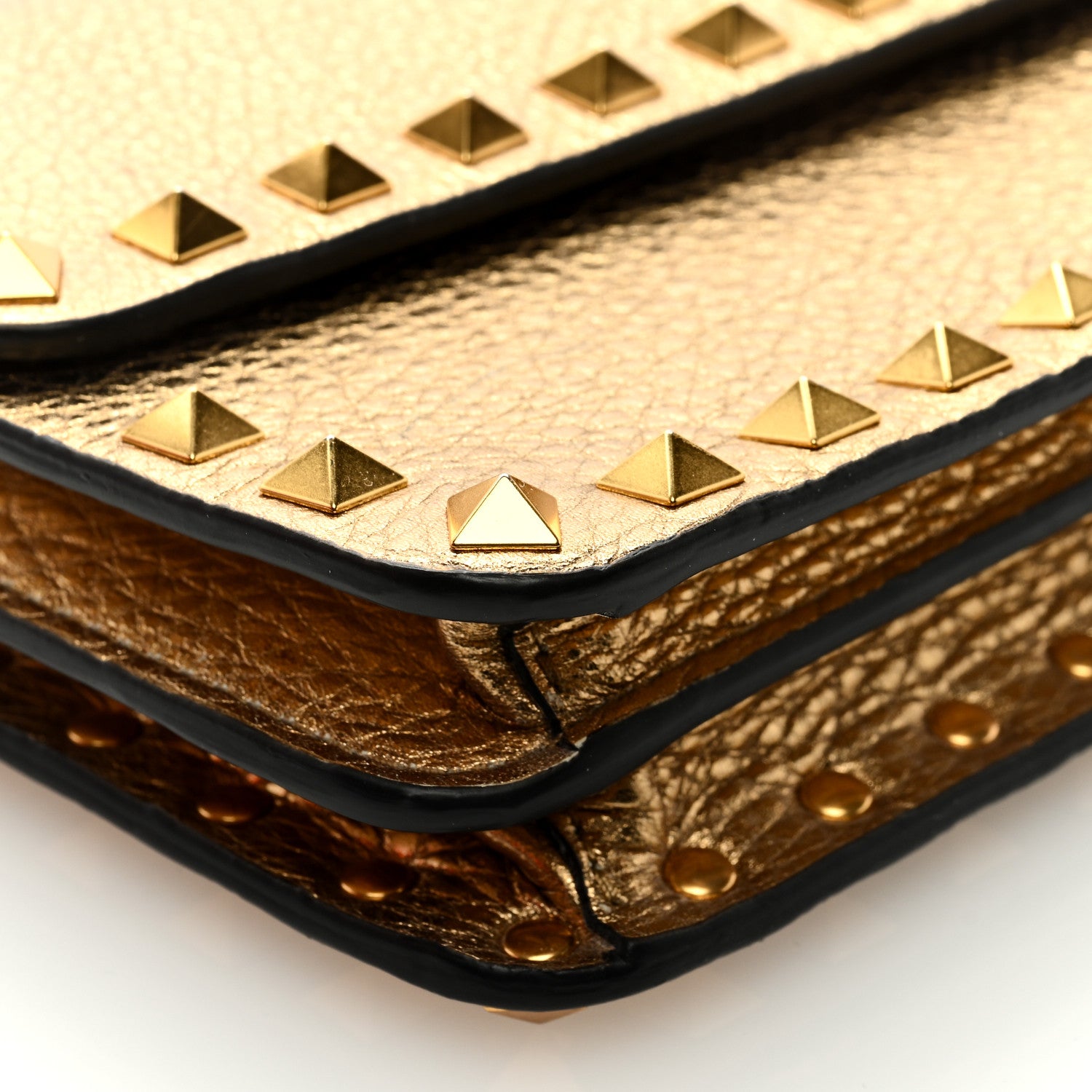 Valentino Garavani Pebbled Calfskin Rockstud Flap Wallet On Chain Soft Gold 7 of 9