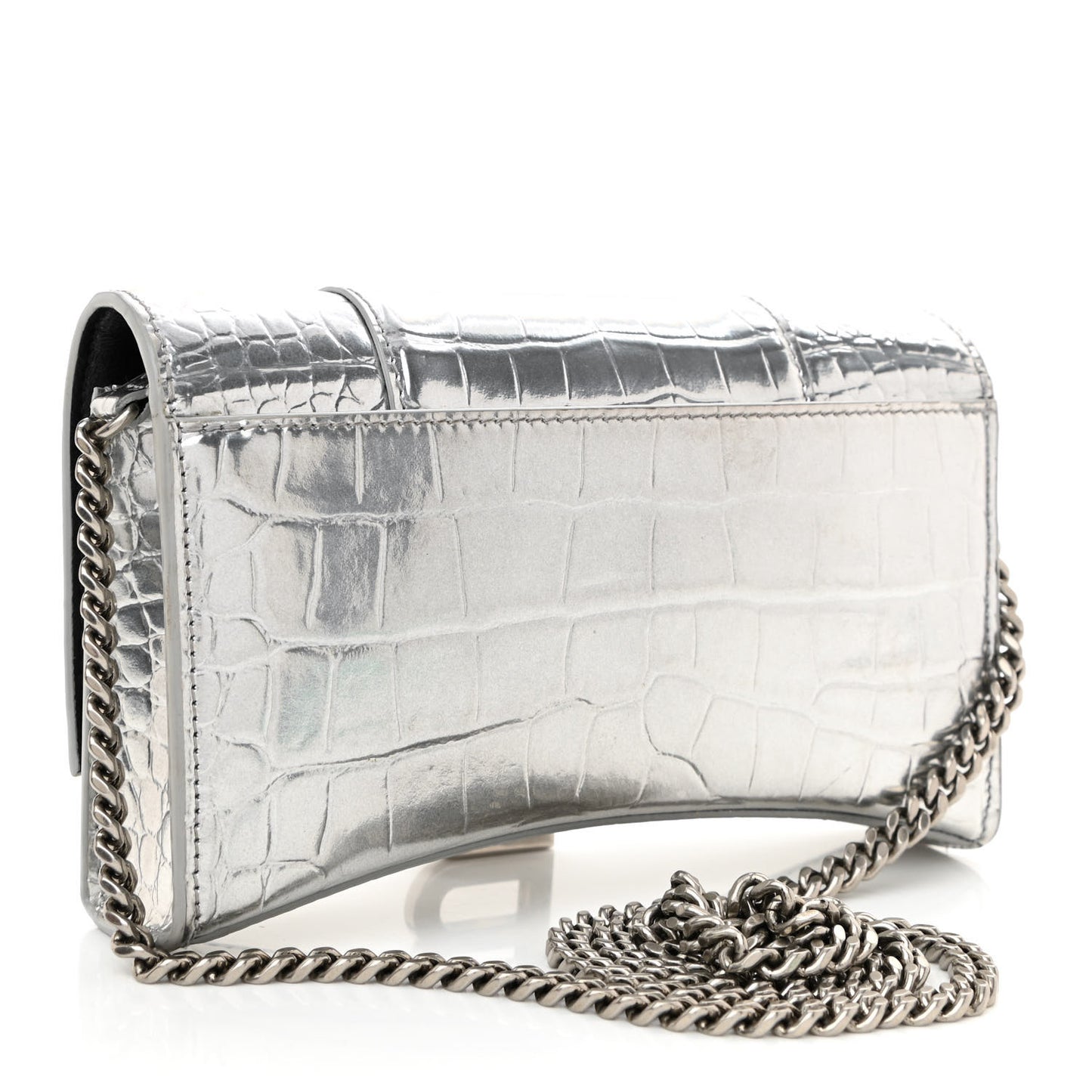 Metallic Calfskin Crocodile Embossed Hourglass Chain Bag Silver