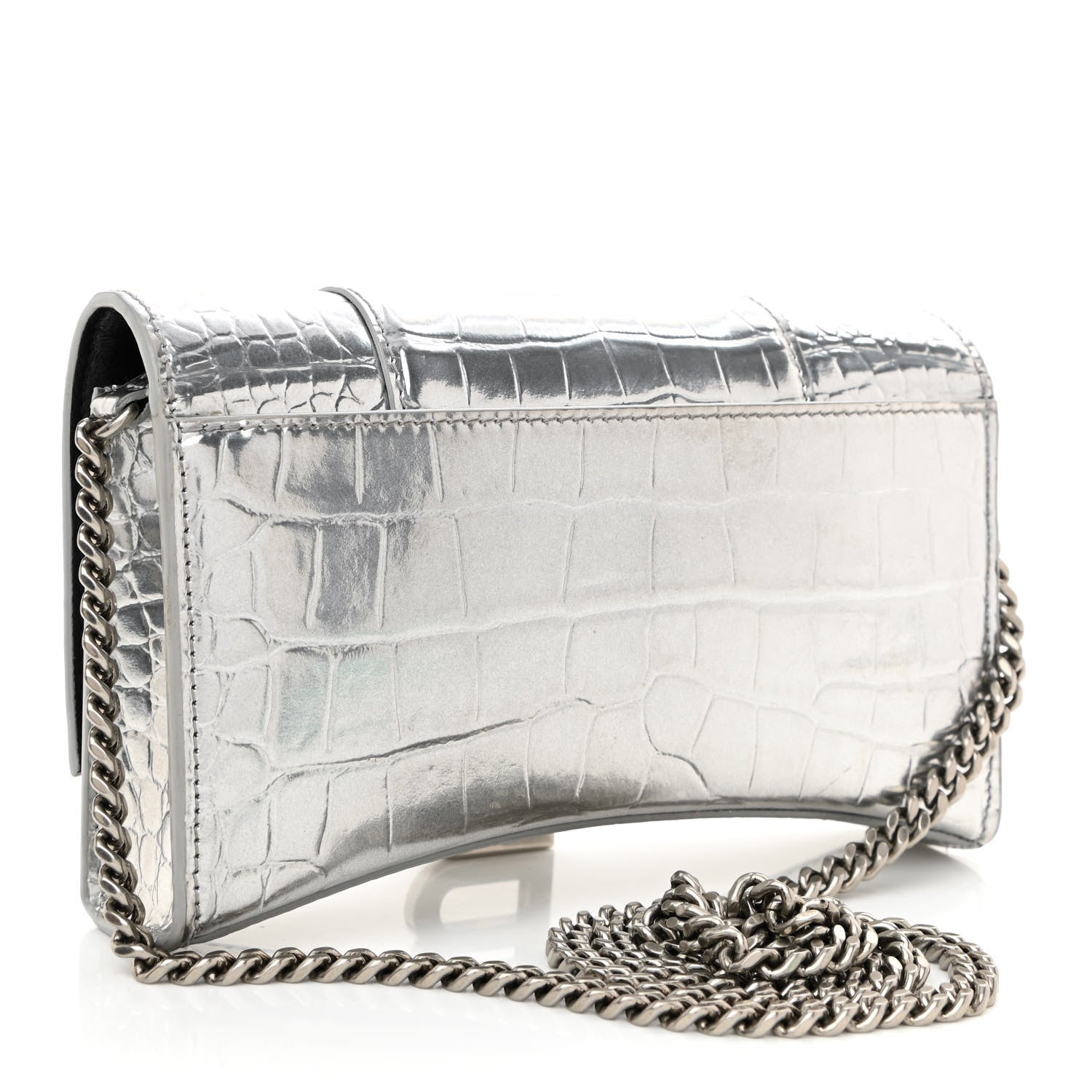 Balenciaga Metallic Calfskin Crocodile Embossed Hourglass Chain Bag Silver 3 of 12