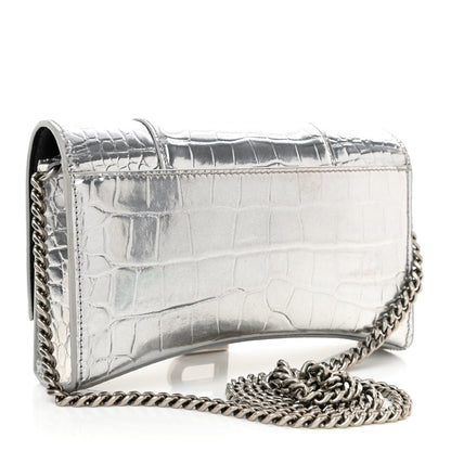 Balenciaga Metallic Calfskin Crocodile Embossed Hourglass Chain Bag Silver 3 of 12