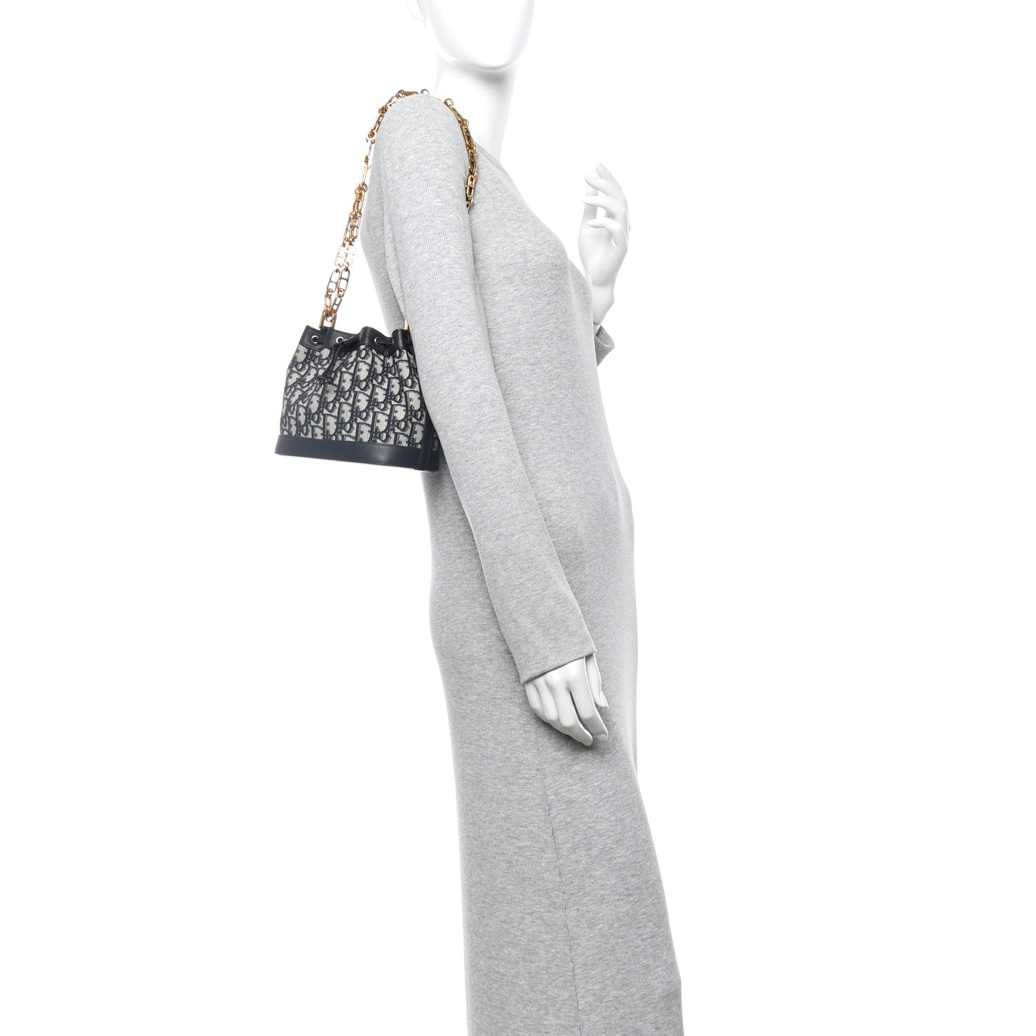 Christian Dior Oblique Drawstring Chain Bucket Bag Blue 2 of 11