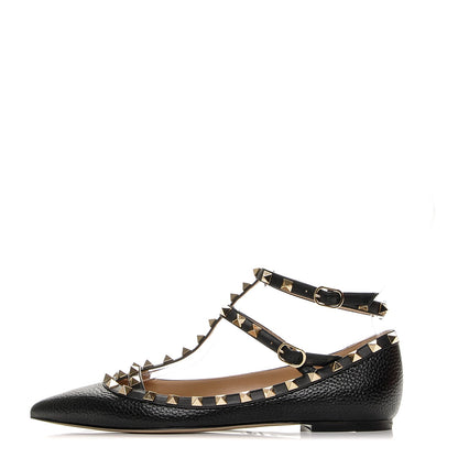 Valentino Garavani Pebbled Calfskin Rockstud Cage Ballerina Flats 38 Black 1 of 9