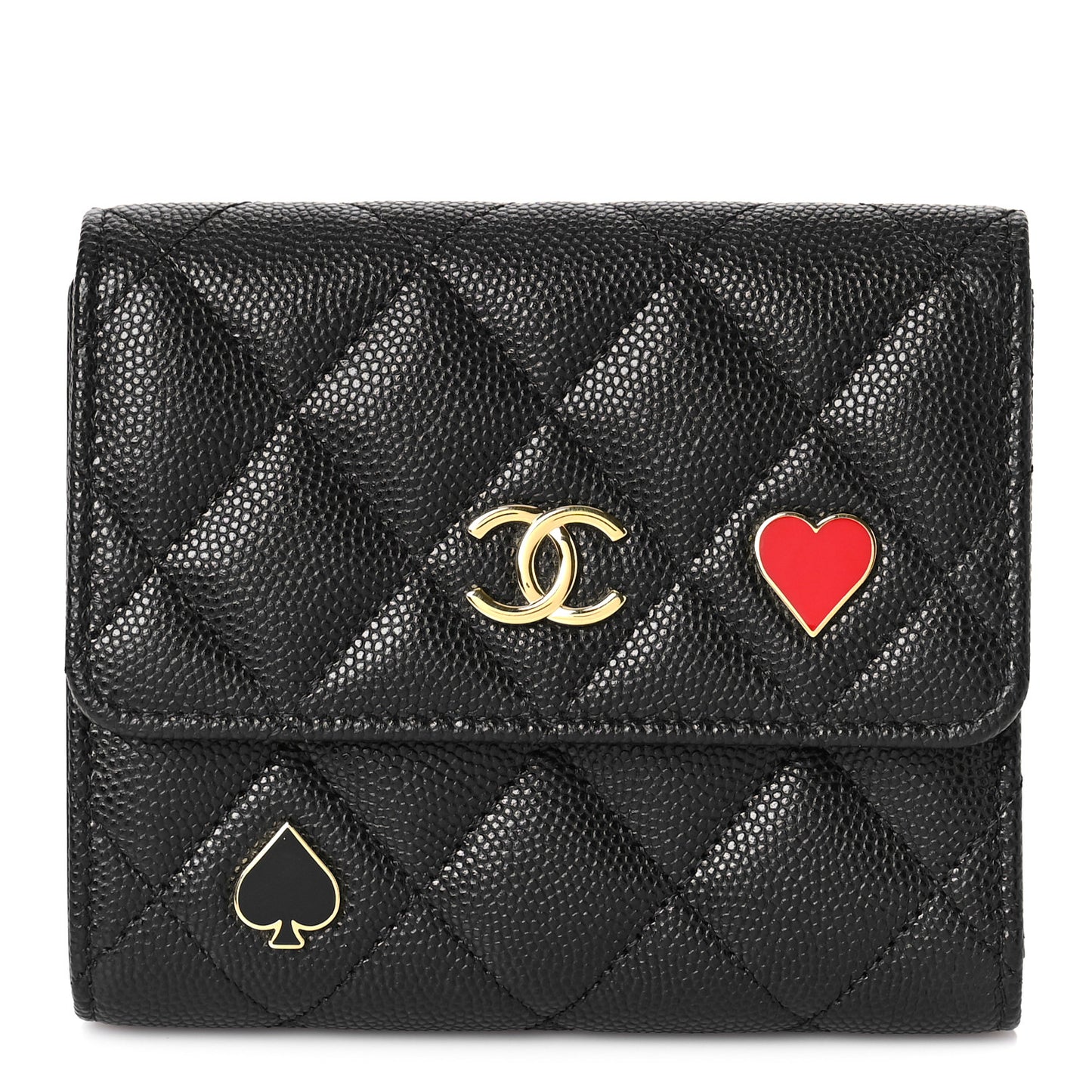 Caviar Quilted Enamel Coco Casino Compact Flap Wallet Black