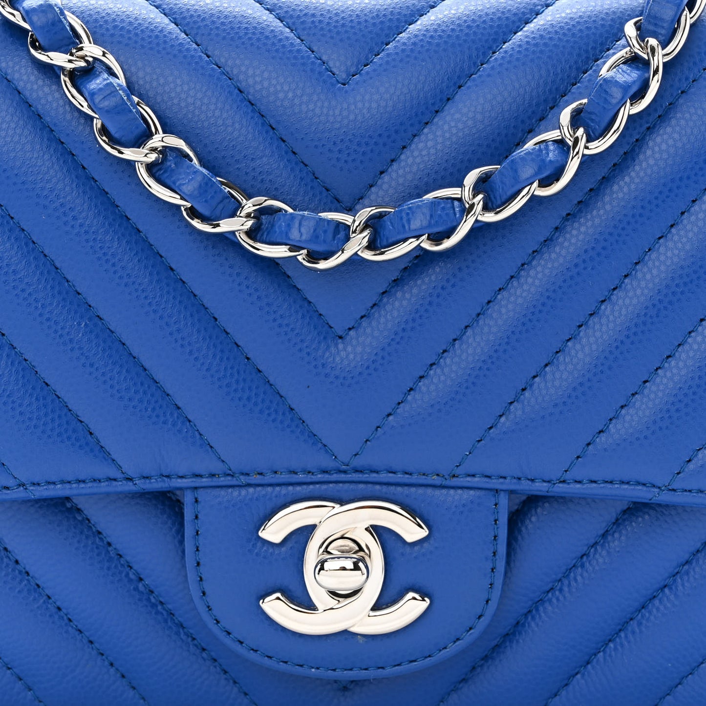 Caviar Chevron Quilted Mini Square Flap Blue
