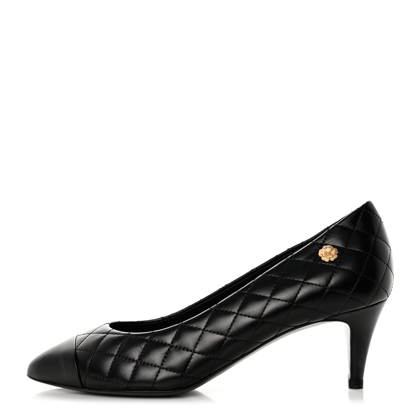 Calfskin Quilted Cap Toe Camellia Pumps 37 Black