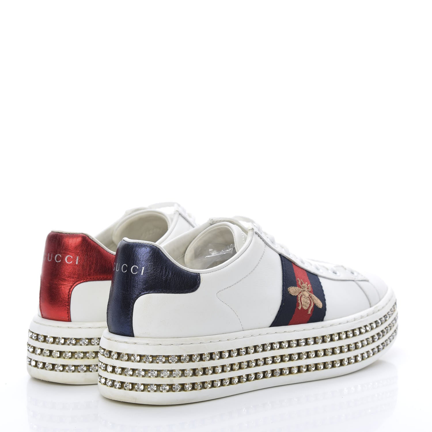 Gucci Calfskin Crystal Web Bee Embroidered Womens Ace Platform Sneakers 36 White 4 of 13