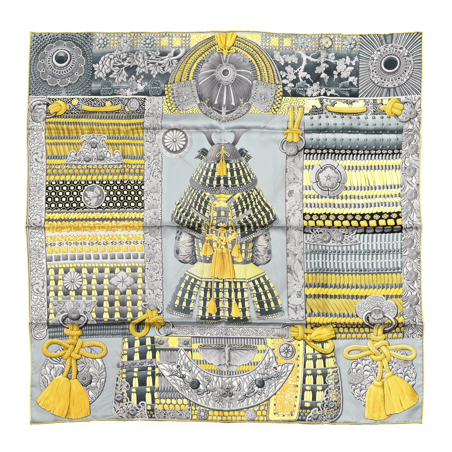 Silk Parures de Samourais Scarf 90 Gris Jaune Ardoise