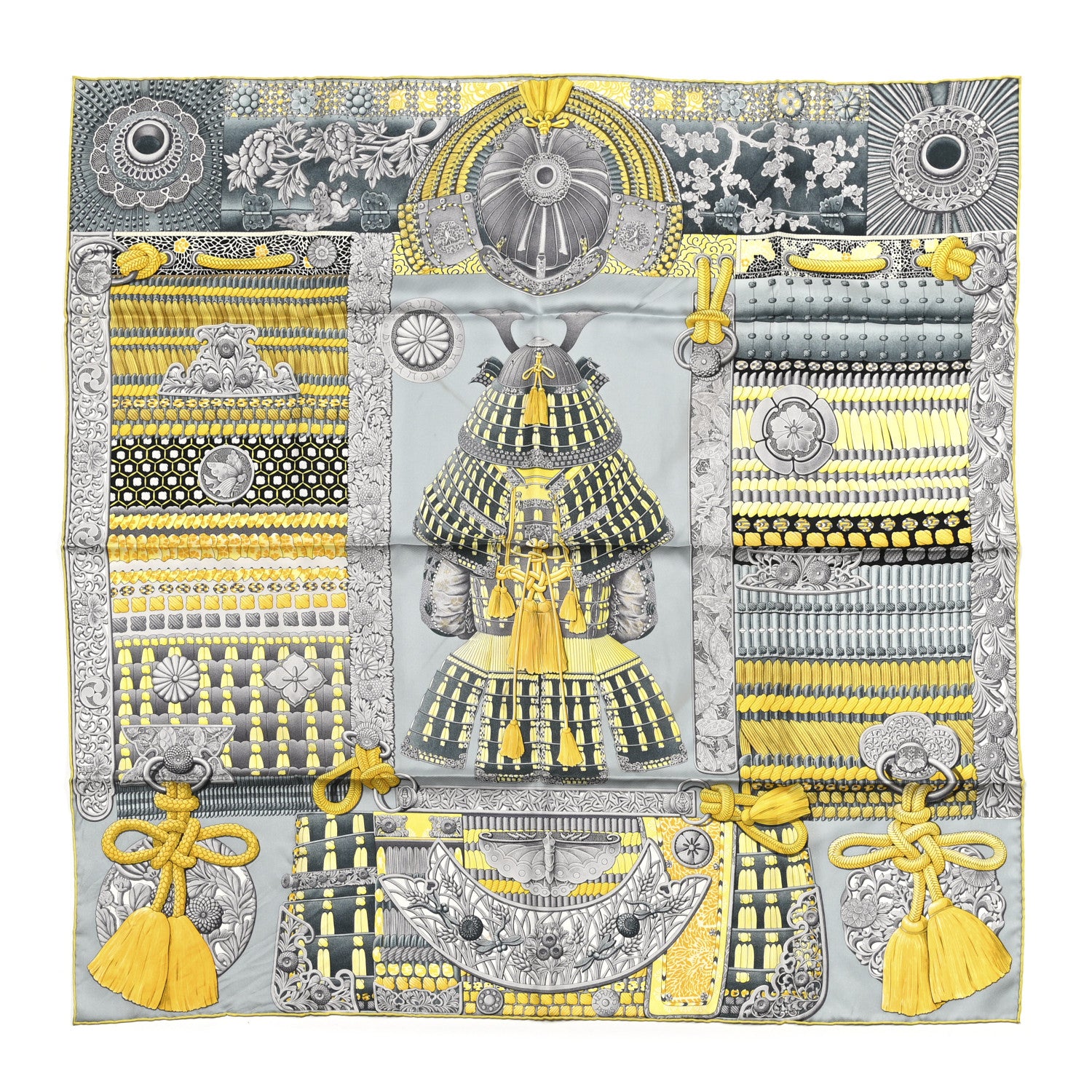 Hermes Silk Parures de Samourais Scarf 90 Gris Jaune Ardoise 1 of 4