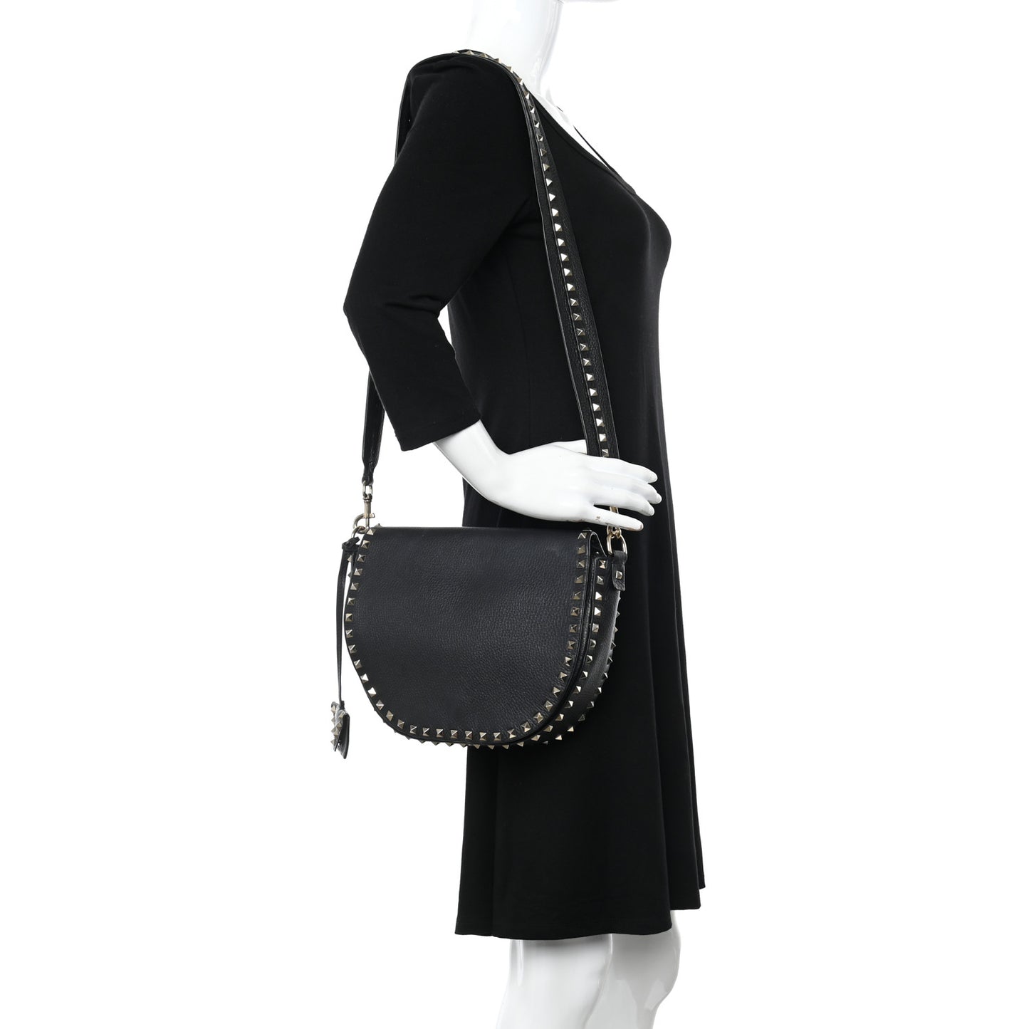 Grained Calfskin Rockstud Saddle Bag Black