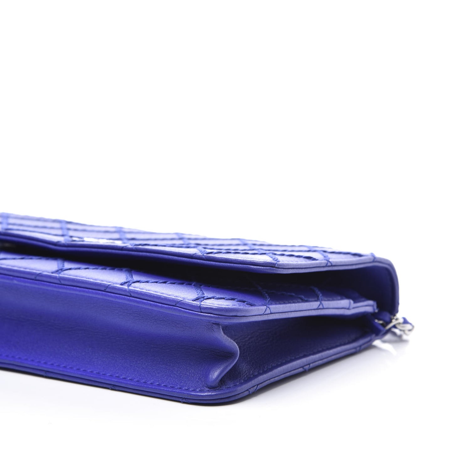 Calfskin Quilted Fancy CC Wallet On Chain WOC Blue