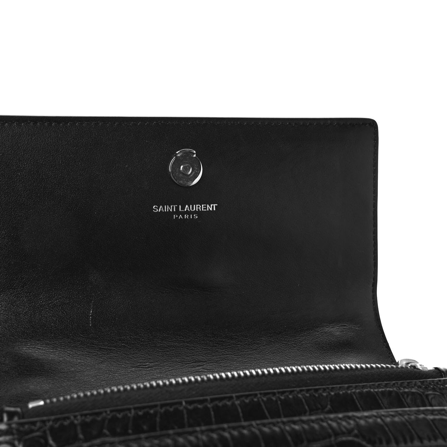 Saint Laurent Calfskin Crocodile Embossed Monogram Sunset Chain Wallet Black 6 of 10