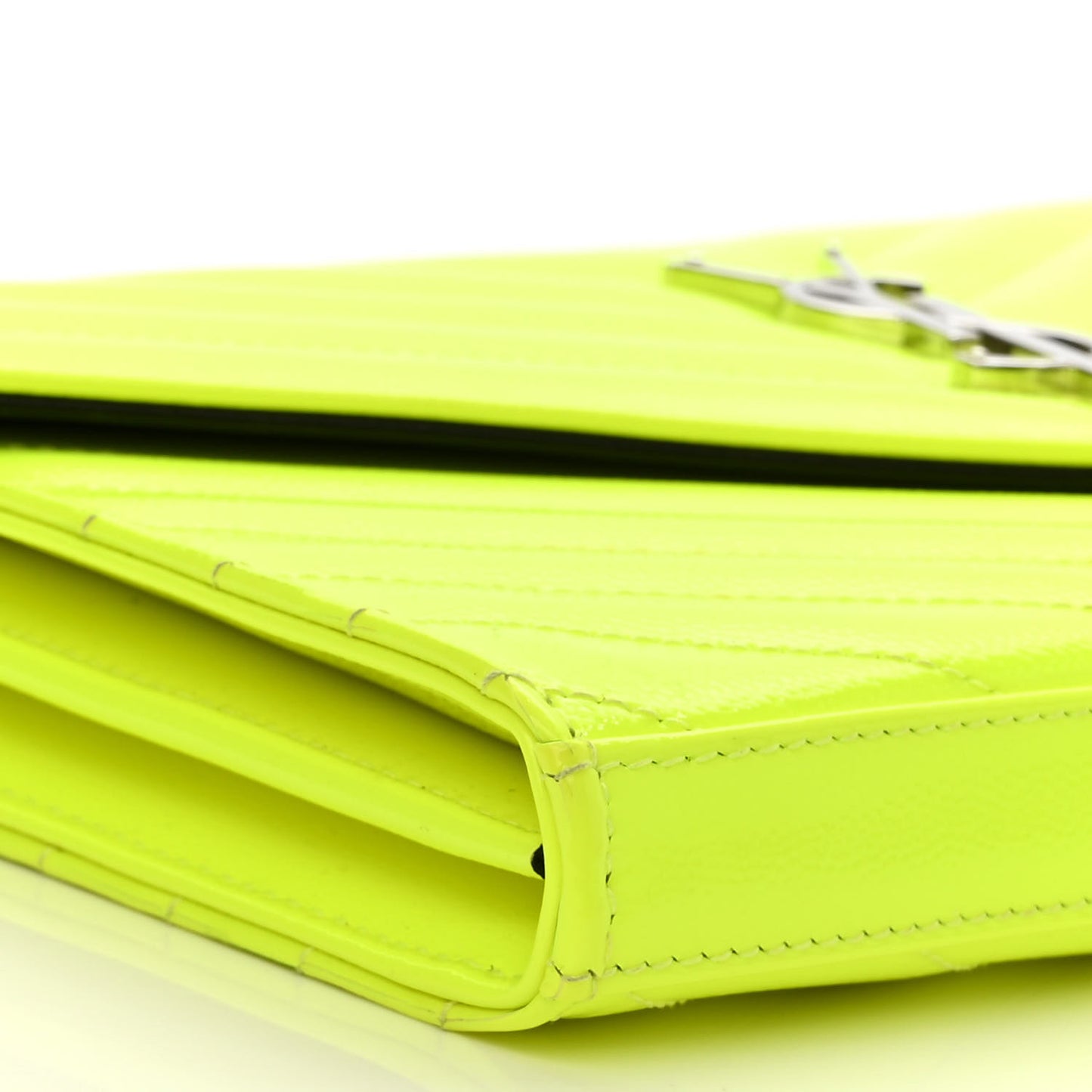 Patent Grain De Poudre Matelasse Chevron Monogram Chain Wallet Neon Yellow