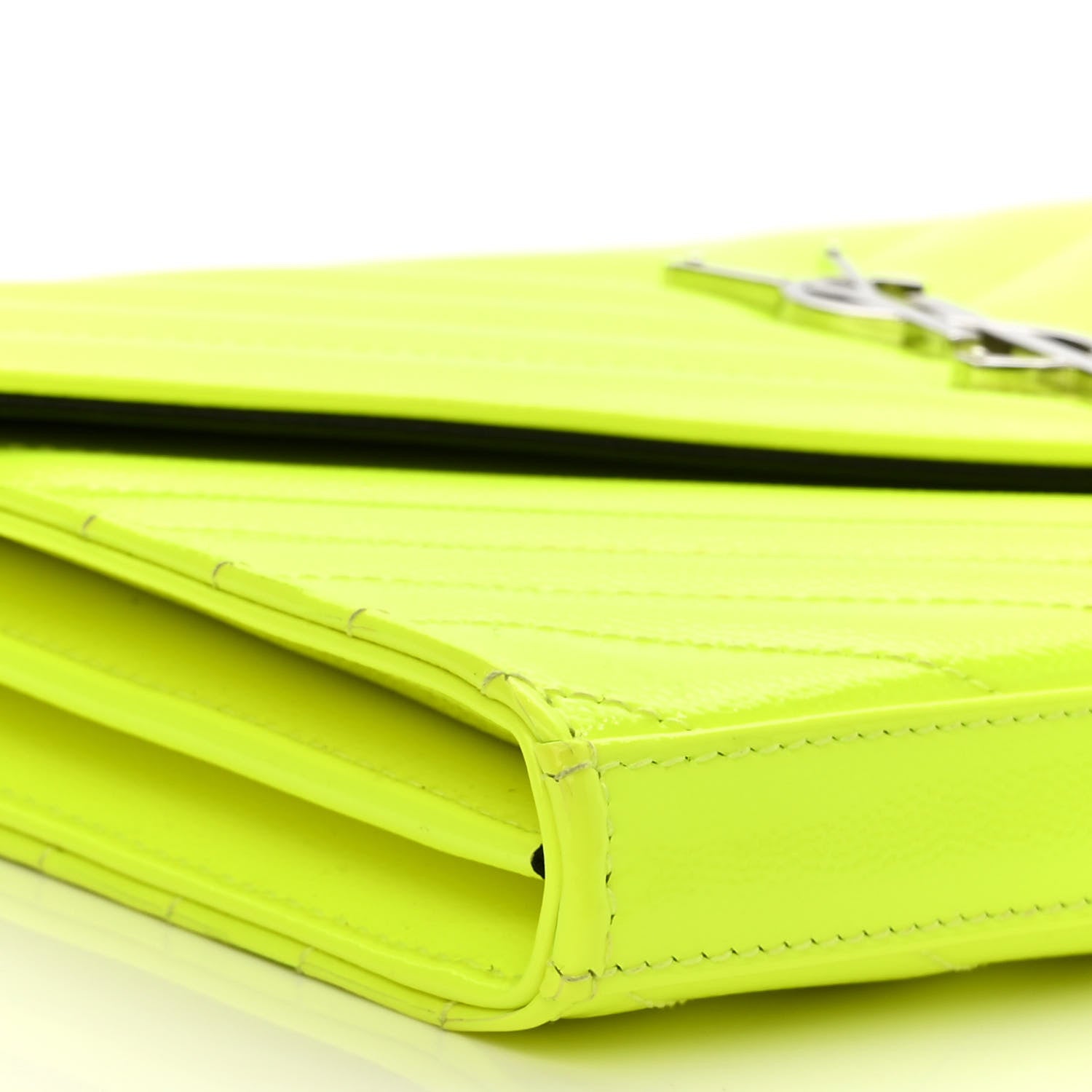Saint Laurent Patent Grain De Poudre Matelasse Chevron Monogram Chain Wallet Neon Yellow 8 of 10