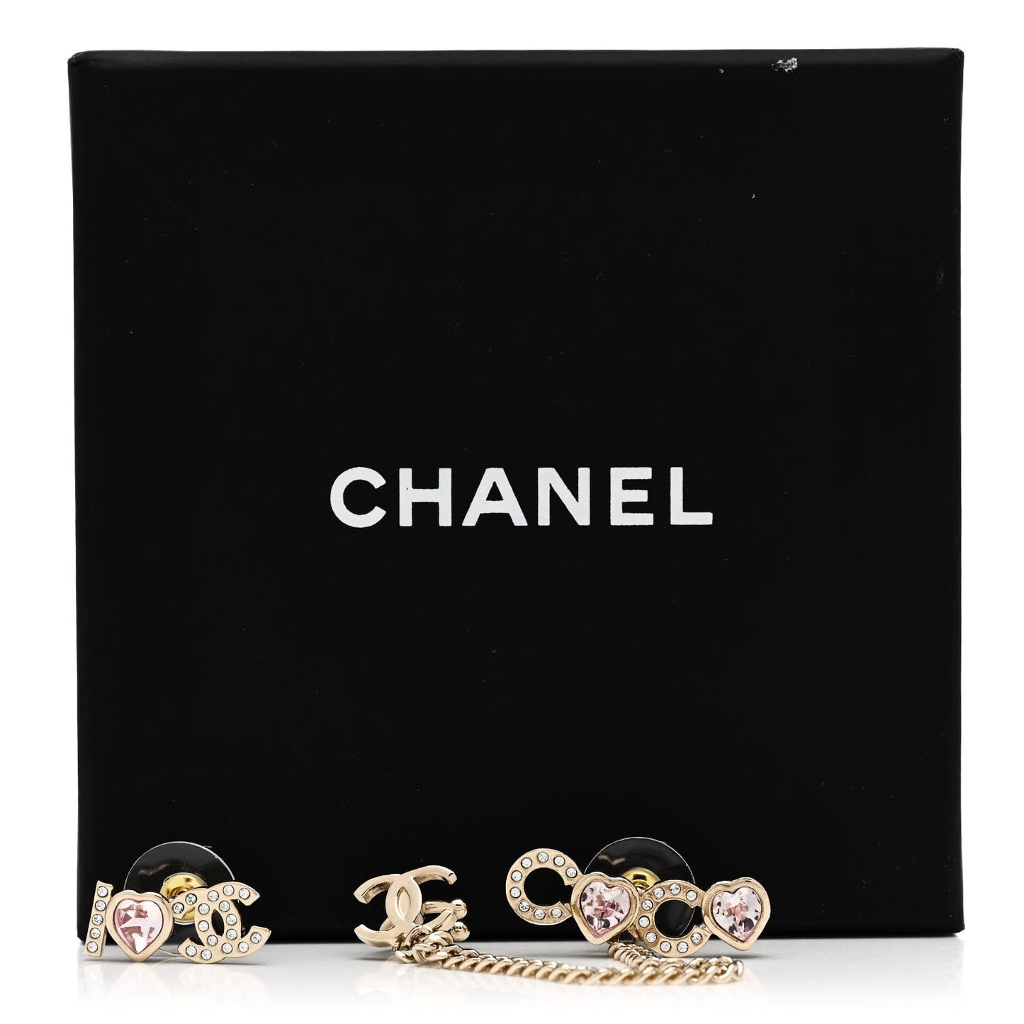 Metal Strass I Love Coco Heart Chain Climber Earrings Gold Pink