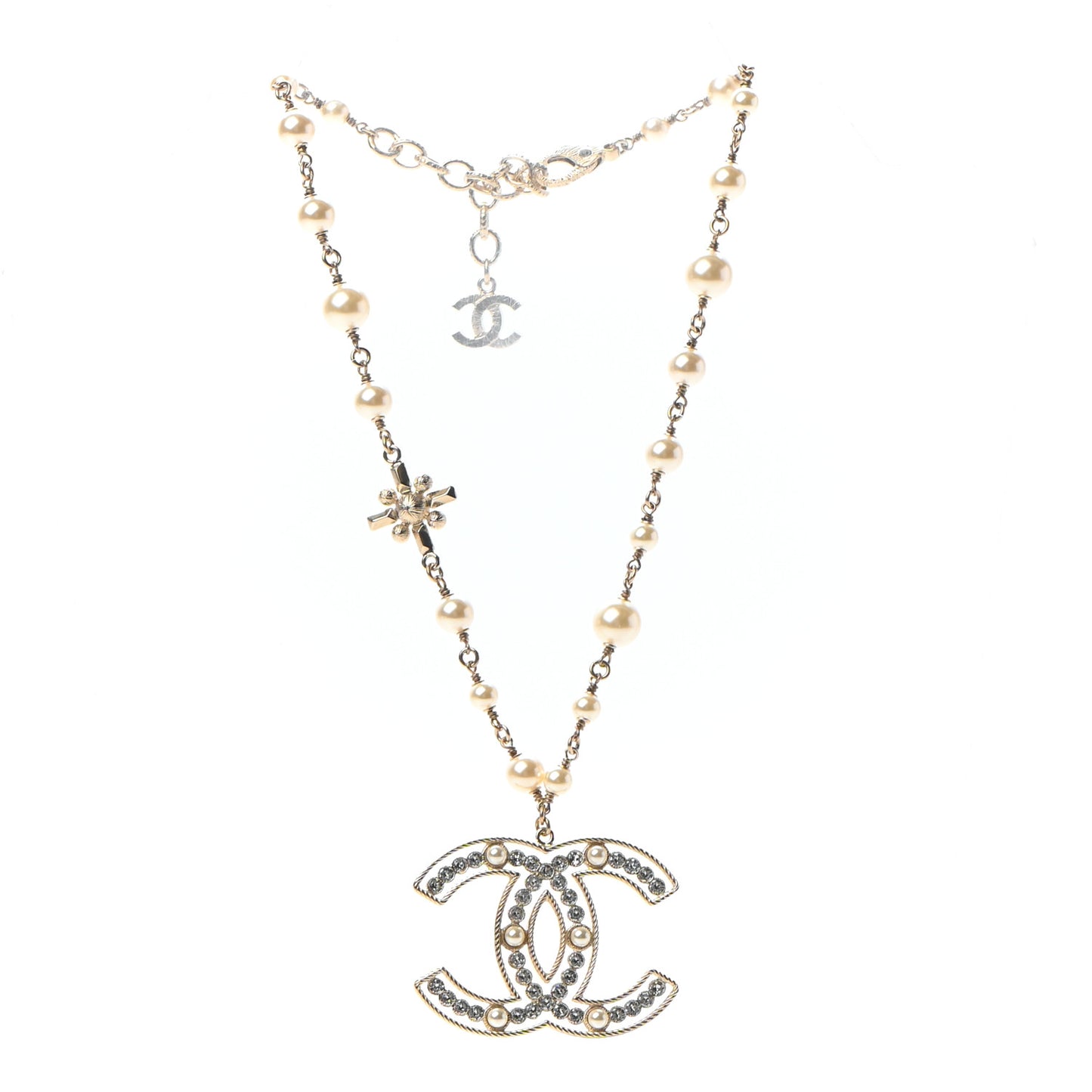 Pearl Crystal Sparkling Pearls CC Necklace Gold